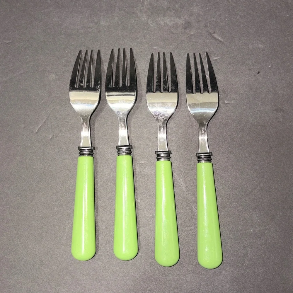 Set/4 Light Green Resin Handle Stainless Steel Salad Forks Beaded Bolster 6.75